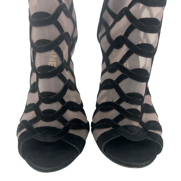Chanel 2018 Black Suede Mesh Peep Toe CC Logo Ankle Boots - Picture 10 of 16